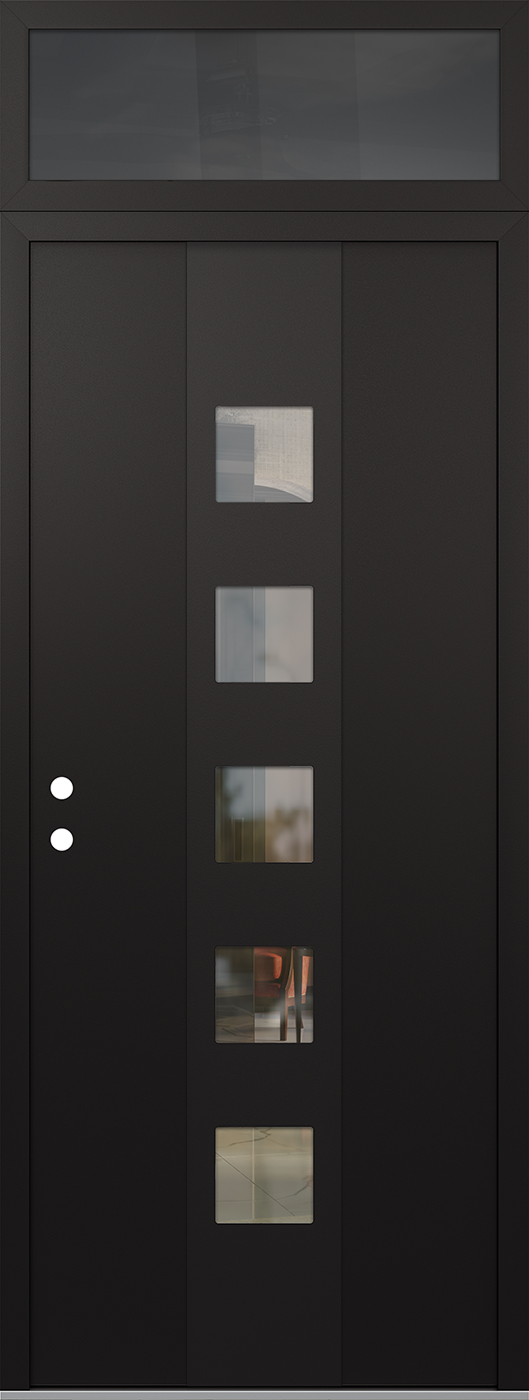 MODERN STEEL FRONT DOOR DIAMOND A13 36" X 96" BLACK/BLACK CLEAR GLASS PANEL BLACK RHI WITH TRANSOM MIRRORED GLASS