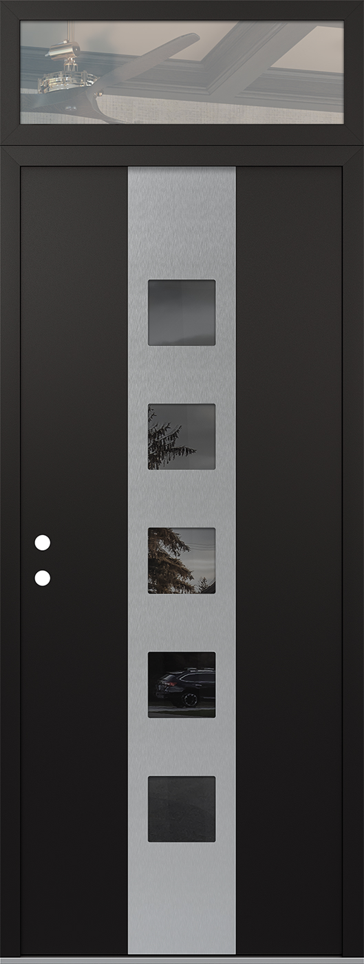 MODERN STEEL FRONT DOOR DIAMOND A13 36" X 96" BLACK/BLACK MIRRORED GLASS PANEL STAINLESS STEEL RHI WITH TRANSOM MIRRORED GLASS