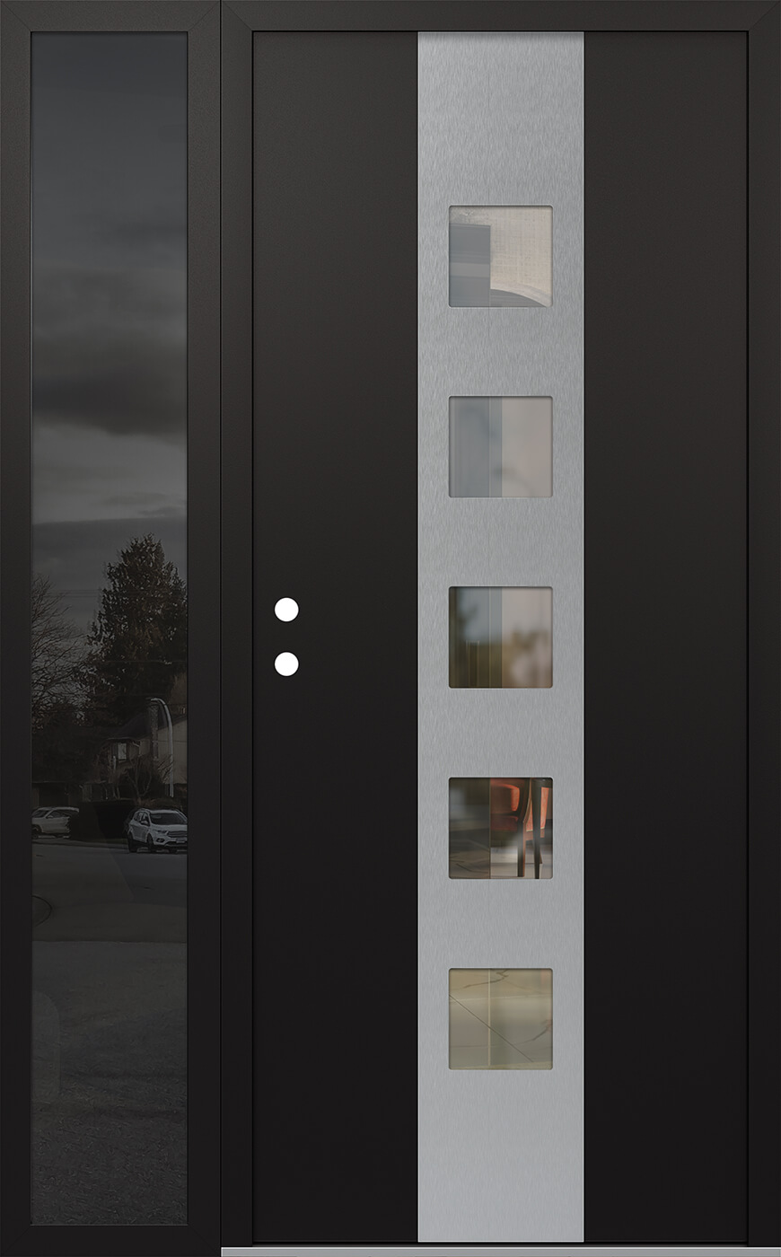 Modern Steel Front Door DIAMOND A13 48" X 80" BLACK/BLACK CLEAR GLASS PANEL STAINLESS STEEL RHI WITH SIDELITE CLEAR GLASS
