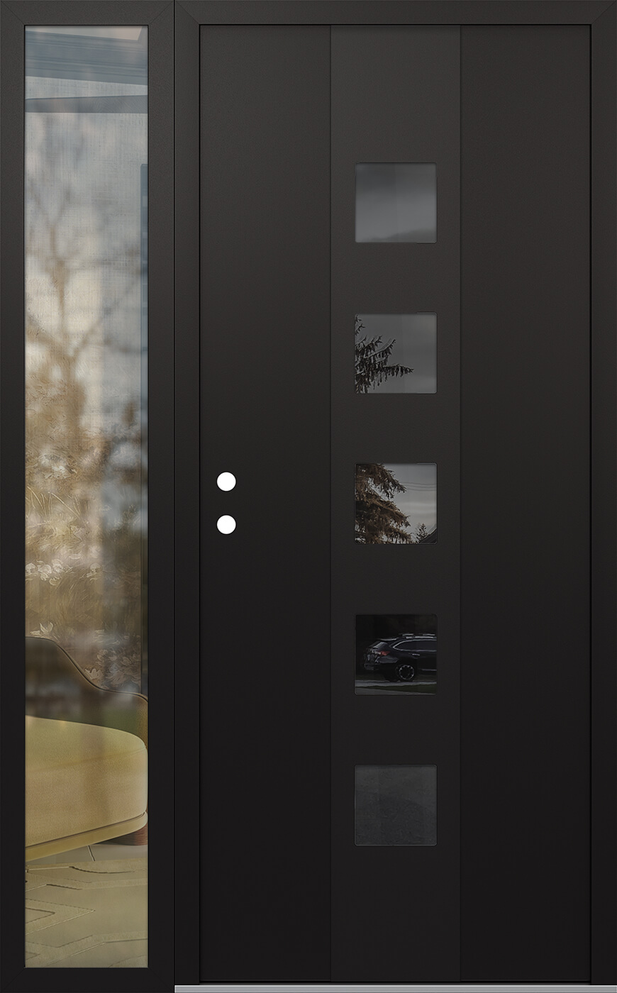 MODERN STEEL FRONT DOOR DIAMOND A13 48" X 80" BLACK/BLACK MIRRORED GLASS PANEL BLACK RHI WITH SIDELITE CLEAR GLASS