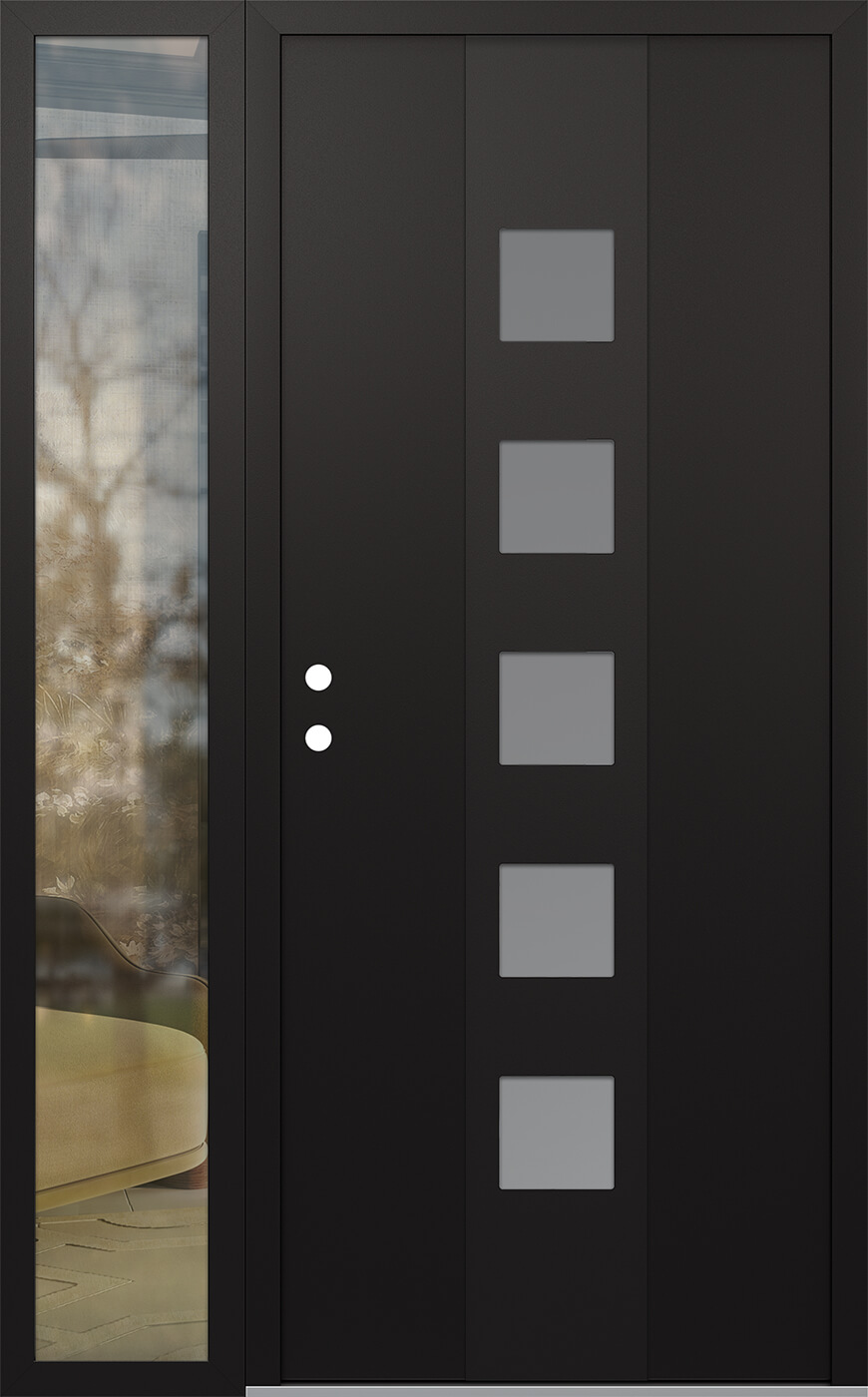 MODERN STEEL FRONT DOOR DIAMOND A13 48" X 80" BLACK/WHITE FROSTED GLASS PANEL BLACK RHI WITH SIDELITE CLEAR GLASS