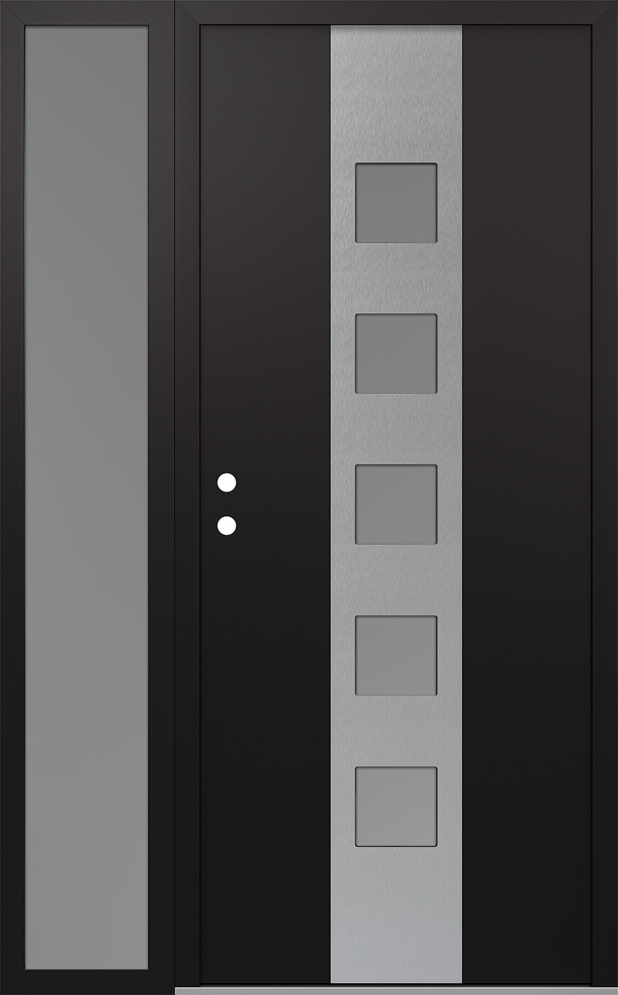 MODERN STEEL FRONT DOOR DIAMOND A13 48" X 80" BLACK/WHITE FROSTED GLASS PANEL STAINLESS STEEL RHI WITH SIDELITE MIRRORED GLASS