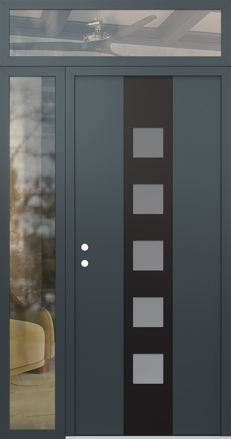 Modern Steel Front Door DIAMOND A13 48" X 96" ANTHRACITE/ANTHRACITE FROSTED GLASS PANEL BLACK RHI WITH SIDELITE AND TRANSOM MIRRORED GLASS