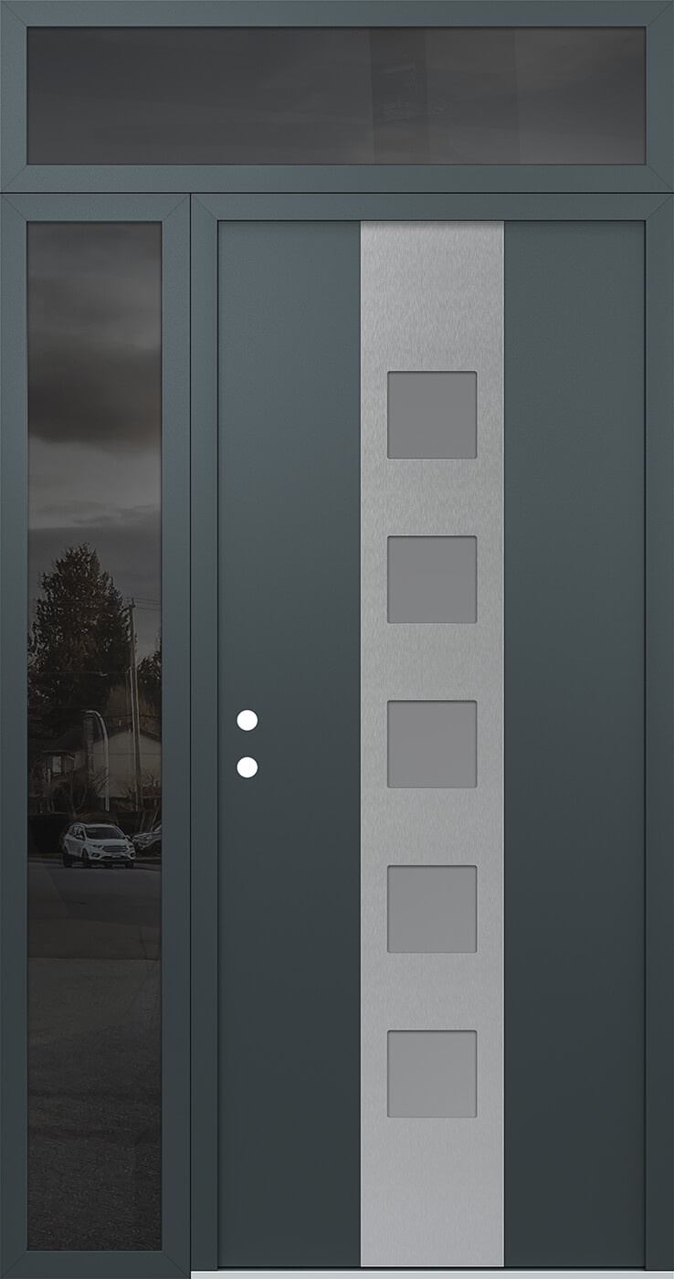 Modern Steel Front Door DIAMOND A13 48" X 96" ANTHRACITE/ANTHRACITE FROSTED GLASS PANEL STAINLESS STEEL RHI WITH SIDELITE AND TRANSOM MIRRORED GLASS