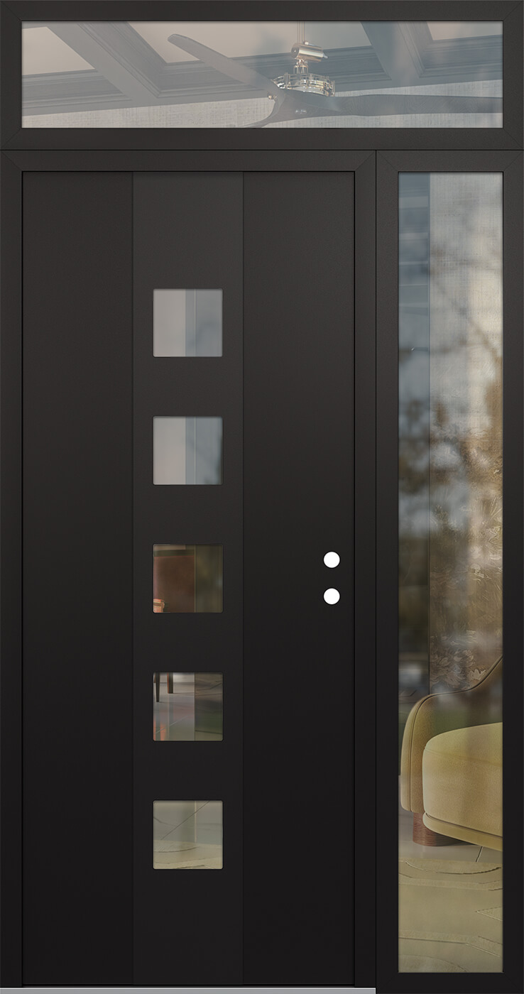 Modern Steel Front Door DIAMOND A13 48" X 96" BLACK/BLACK CLEAR GLASS PANEL BLACK LHI WITH SIDELITE AND TRANSOM MIRRORED GLASS