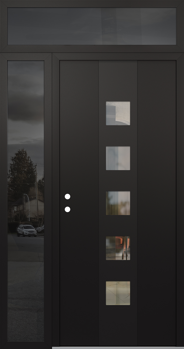 Modern Steel Front Door DIAMOND A13 48" X 96" BLACK/BLACK CLEAR GLASS PANEL BLACK RHI WITH SIDELITE AND TRANSOM MIRRORED GLASS