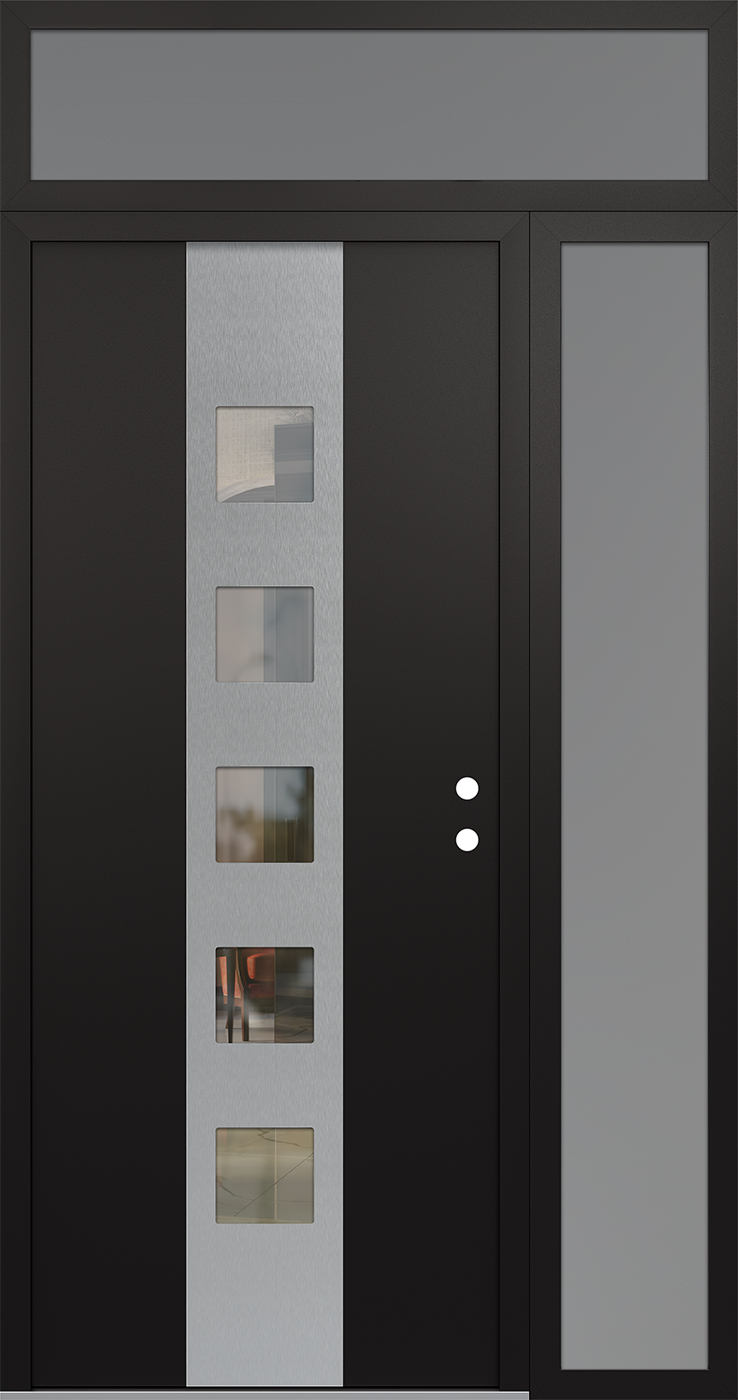 Modern Steel Front Door DIAMOND A13 48" X 96" BLACK/BLACK CLEAR GLASS PANEL STAINLESS STEEL LHI WITH SIDELITE AND TRANSOM CLEAR GLASS