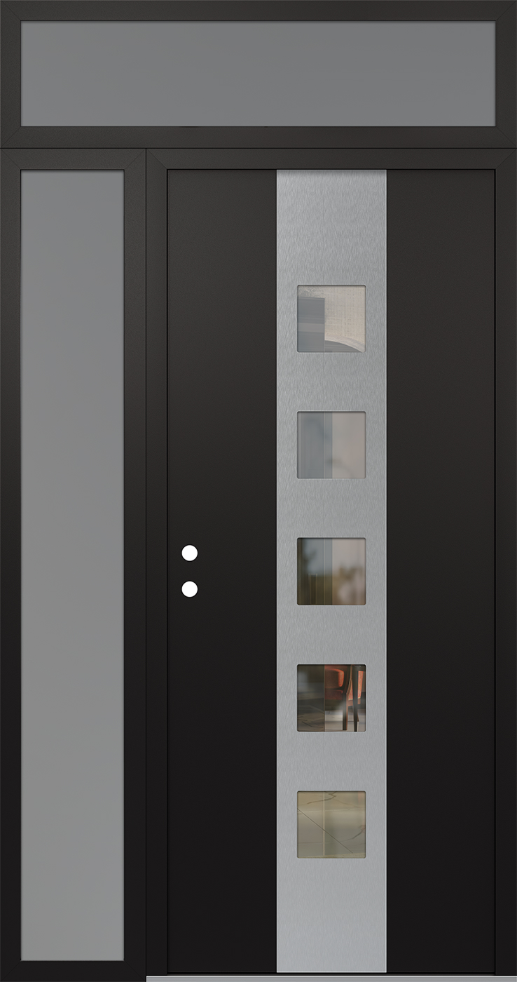 Modern Steel Front Door DIAMOND A13 48" X 96" BLACK/BLACK CLEAR GLASS PANEL STAINLESS STEEL RHI WITH SIDELITE AND TRANSOM CLEAR GLASS