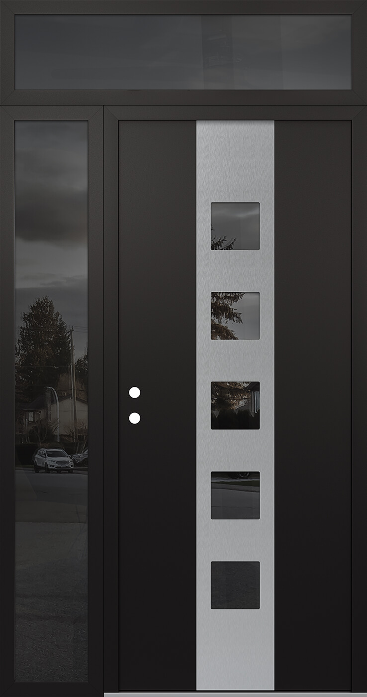 MODERN STEEL FRONT DOOR DIAMOND A13 48" X 96" BLACK/BLACK MIRRORED GLASS PANEL STAINLESS STEEL RHI WITH SIDELITE AND TRANSOM CLEAR GLASS