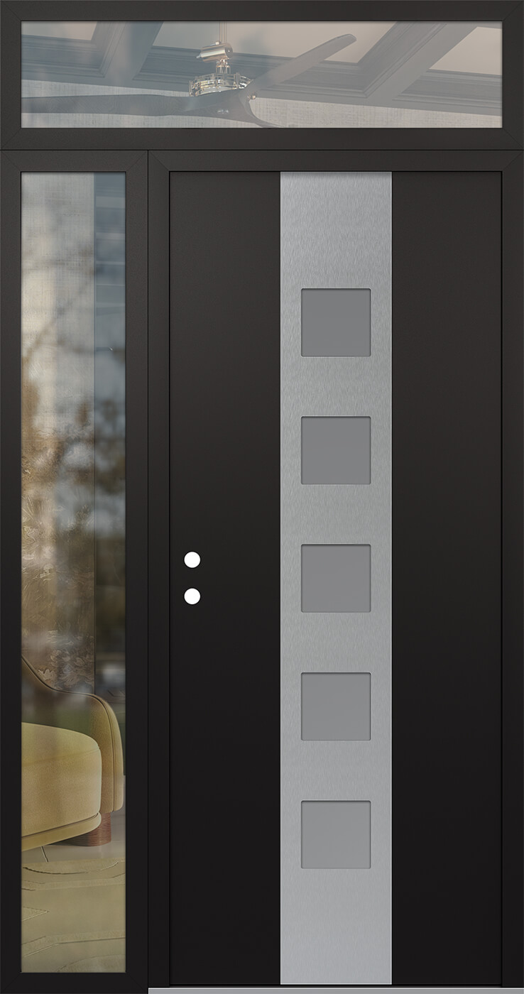 MODERN STEEL FRONT DOOR DIAMOND A13 48" X 96" BLACK/WHITE FROSTED GLASS PANEL STAINLESS STEEL RHI WITH SIDELITE AND TRANSOM FROSTED GLASS