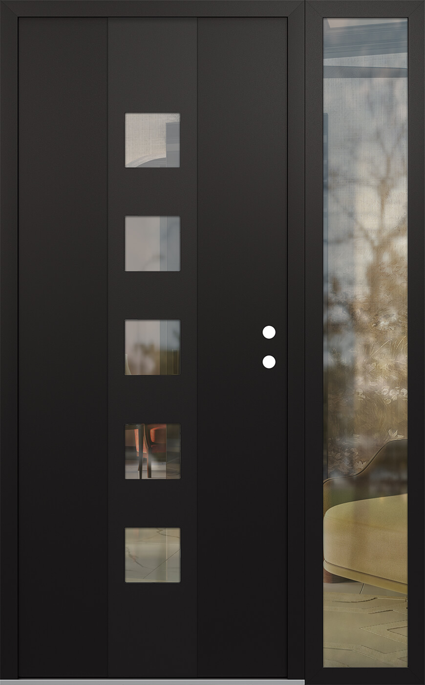 Modern Steel Front Door DIAMOND A13 50" X 80" BLACK/BLACK CLEAR GLASS PANEL BLACK LHI WITH SIDELITE CLEAR GLASS