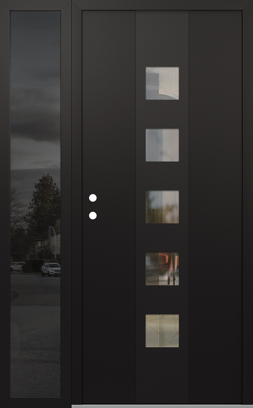 MODERN STEEL FRONT DOOR DIAMOND A13 50" X 80" BLACK/BLACK CLEAR GLASS PANEL BLACK RHI WITH SIDELITE MIRRORED GLASS