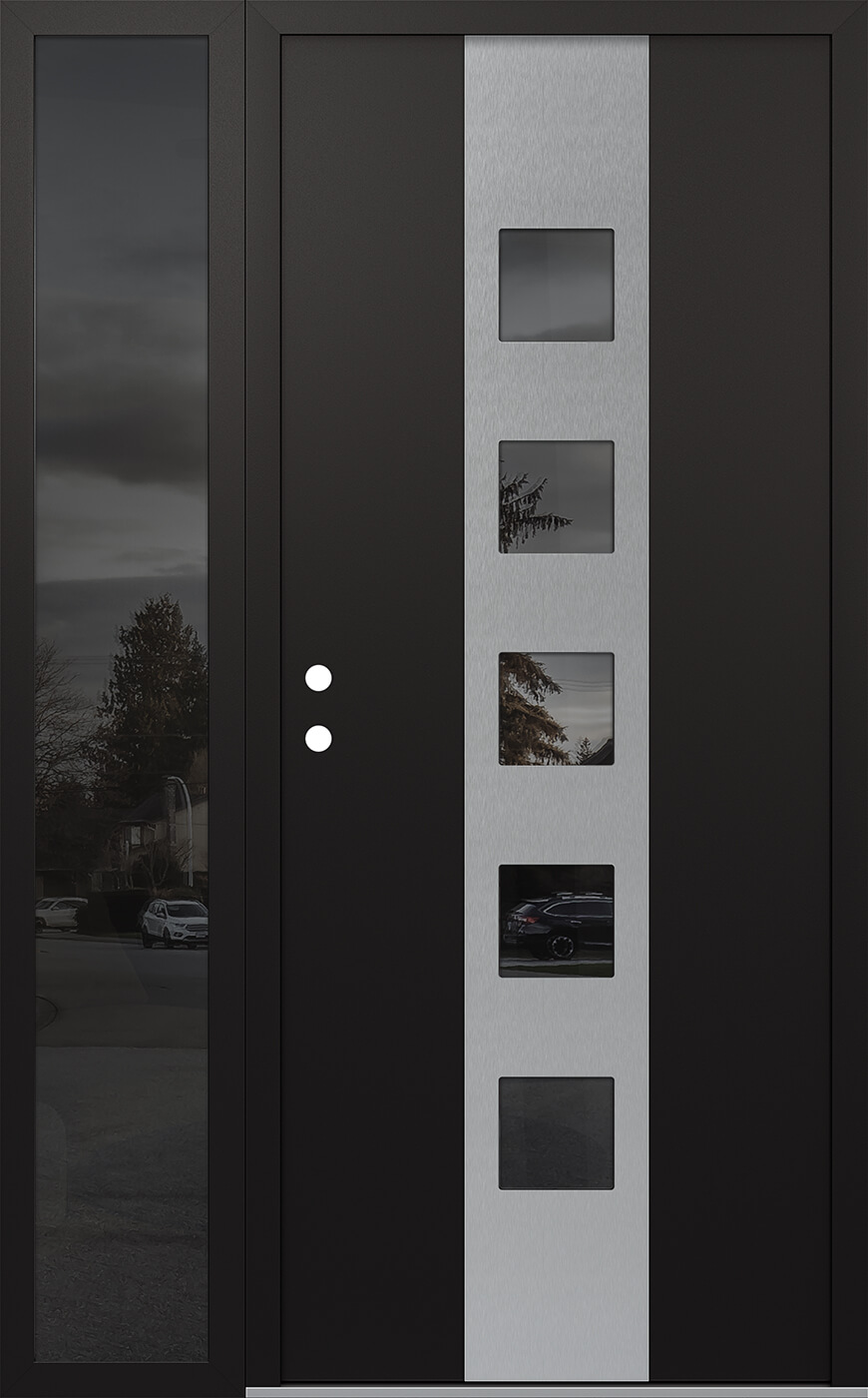 MODERN STEEL FRONT DOOR DIAMOND A13 50" X 80" BLACK/BLACK MIRRORED GLASS PANEL STAINLESS STEEL RHI WITH SIDELITE FROSTED GLASS