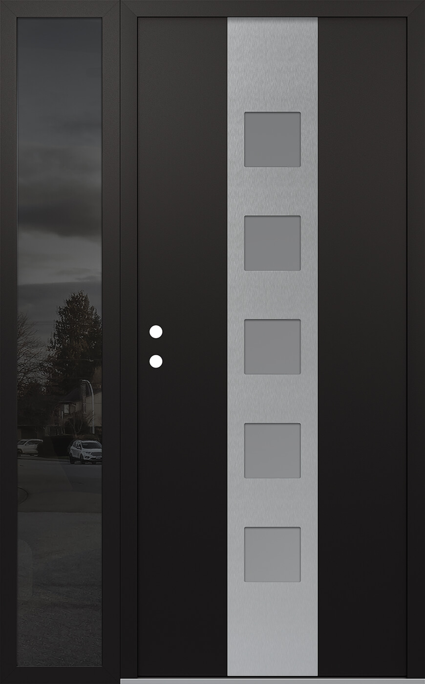 MODERN STEEL FRONT DOOR DIAMOND A13 50" X 80" BLACK/WHITE FROSTED GLASS PANEL STAINLESS STEEL RHI WITH SIDELITE FROSTED GLASS