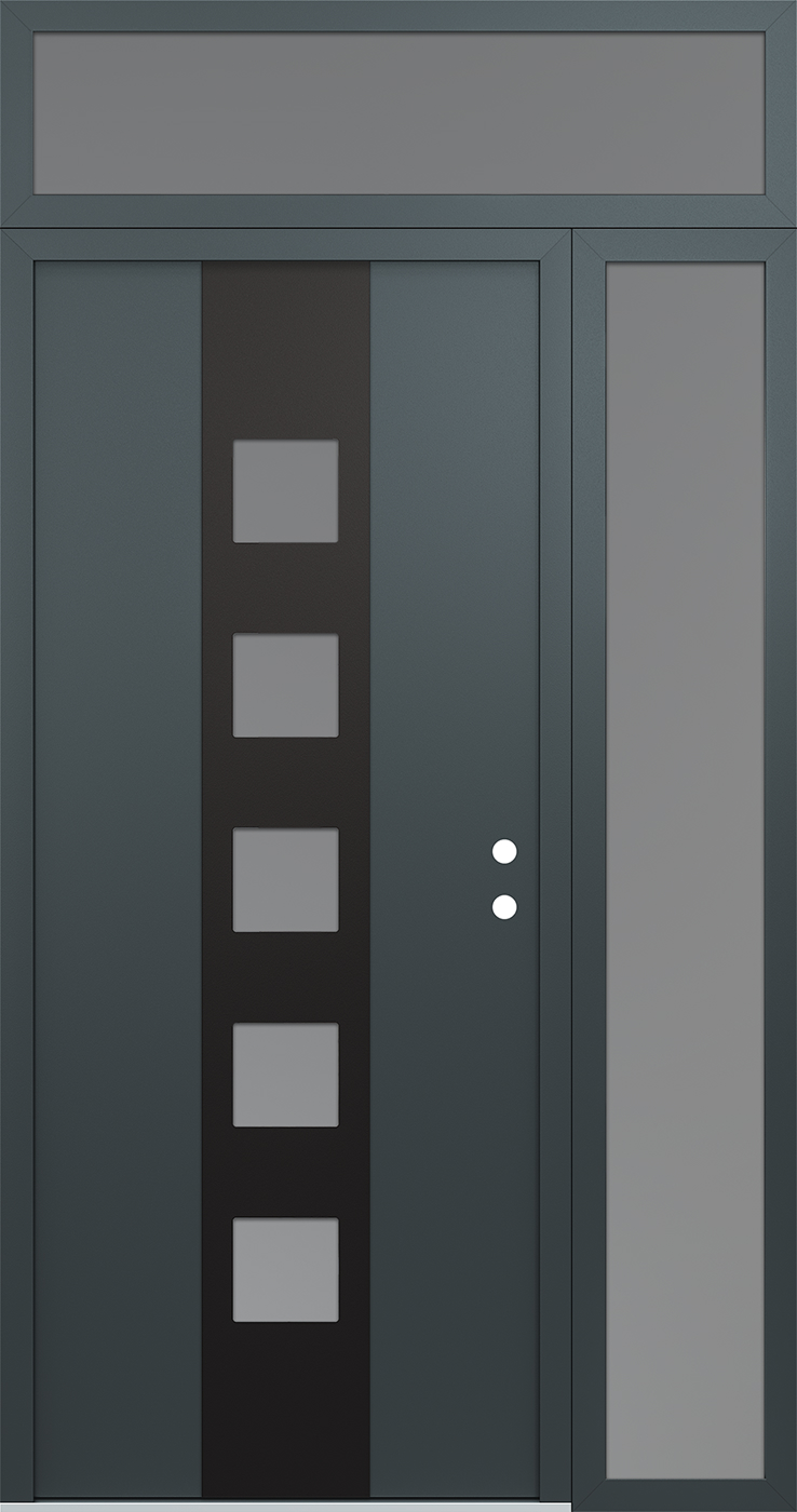 Modern Steel Front Door DIAMOND A13 50" X 96" ANTHRACITE/ANTHRACITE FROSTED GLASS PANEL BLACK LHI WITH SIDELITE AND TRANSOM MIRRORED GLASS