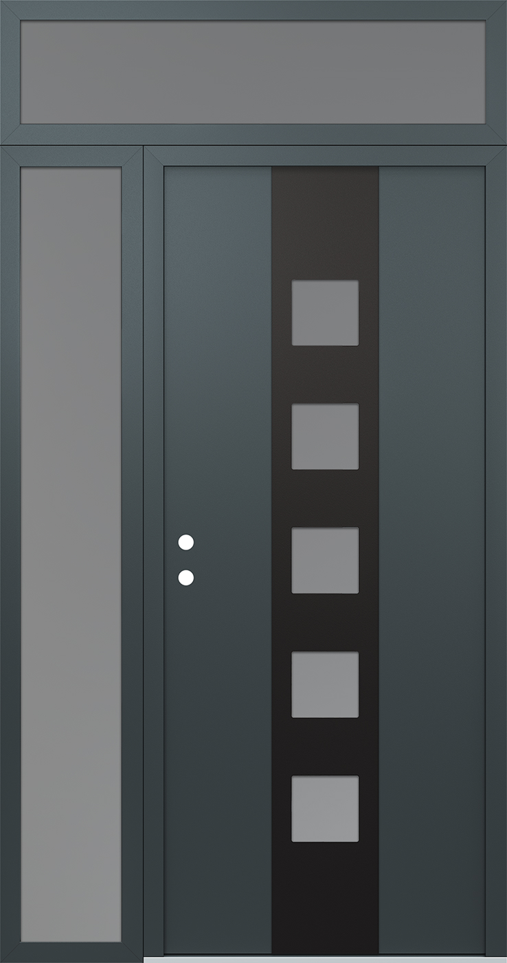 Modern Steel Front Door DIAMOND A13 50" X 96" ANTHRACITE/ANTHRACITE FROSTED GLASS PANEL BLACK RHI WITH SIDELITE AND TRANSOM CLEAR GLASS