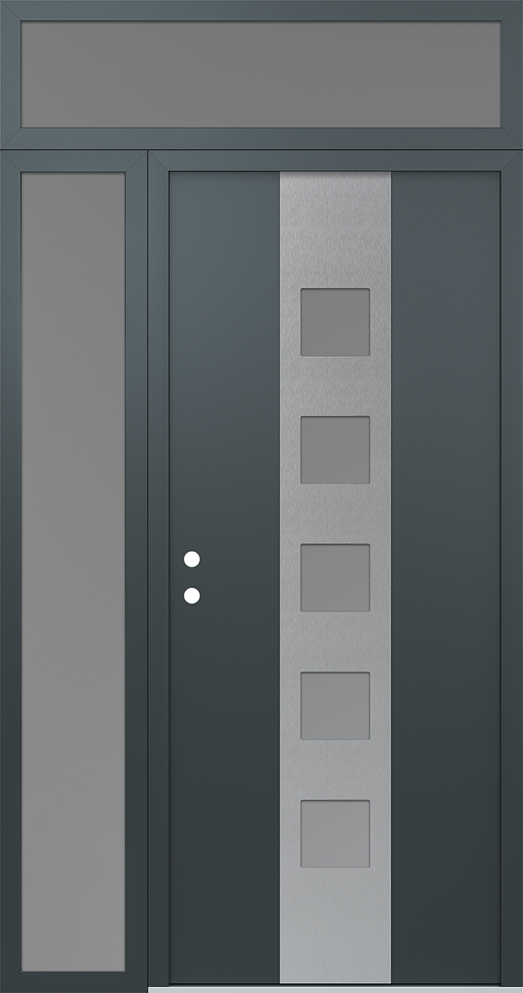 Modern Steel Front Door DIAMOND A13 50" X 96" ANTHRACITE/ANTHRACITE FROSTED GLASS PANEL STAINLESS STEEL RHI WITH SIDELITE AND TRANSOM FROSTED GLASS