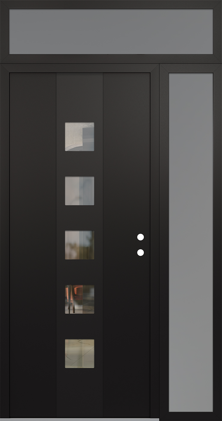 Modern Steel Front Door DIAMOND A13 50" X 96" BLACK/BLACK CLEAR GLASS PANEL BLACK LHI WITH SIDELITE AND TRANSOM CLEAR GLASS
