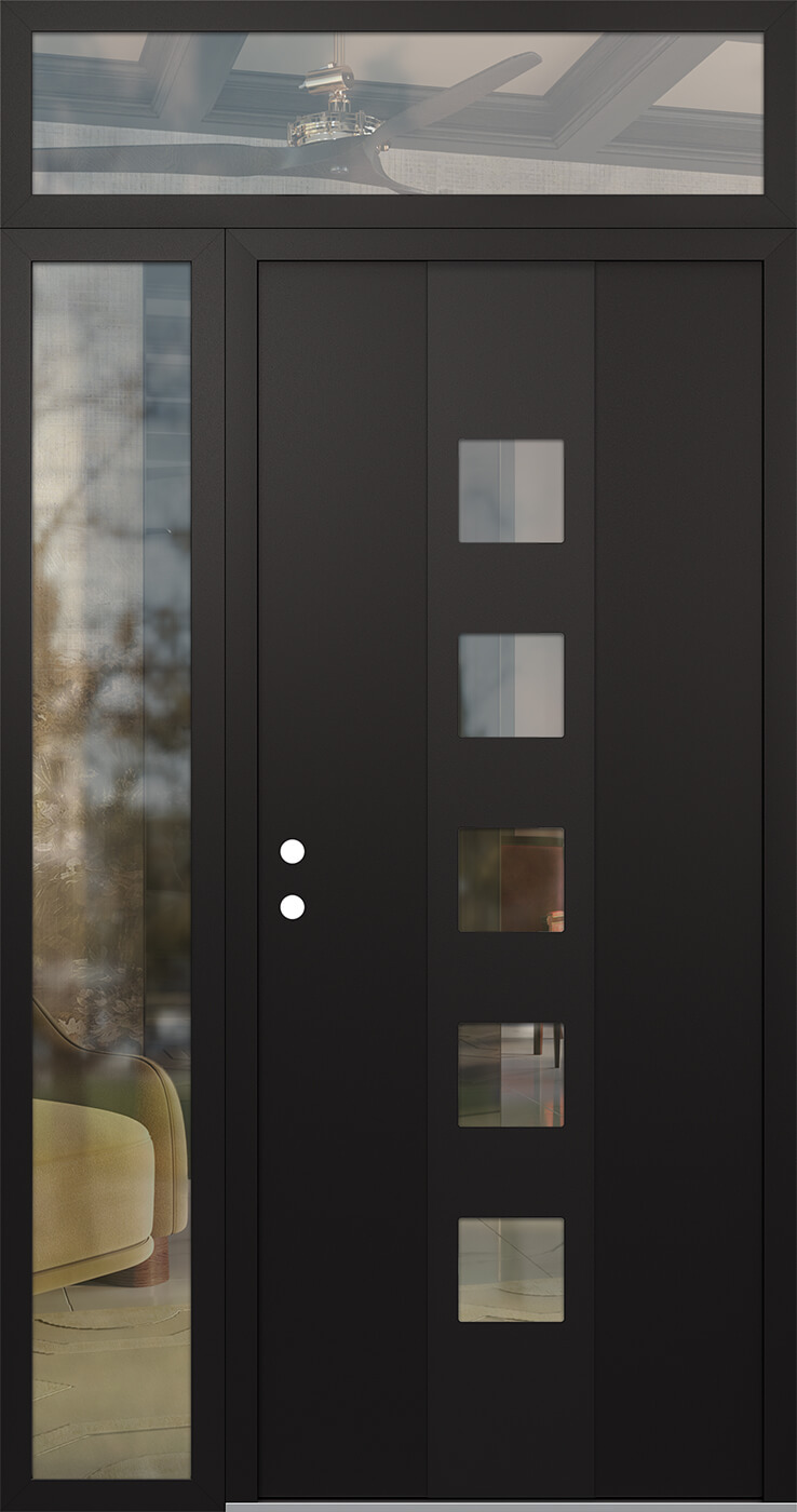 Modern Steel Front Door DIAMOND A13 50" X 96" BLACK/BLACK CLEAR GLASS PANEL BLACK RHI WITH SIDELITE AND TRANSOM MIRRORED GLASS