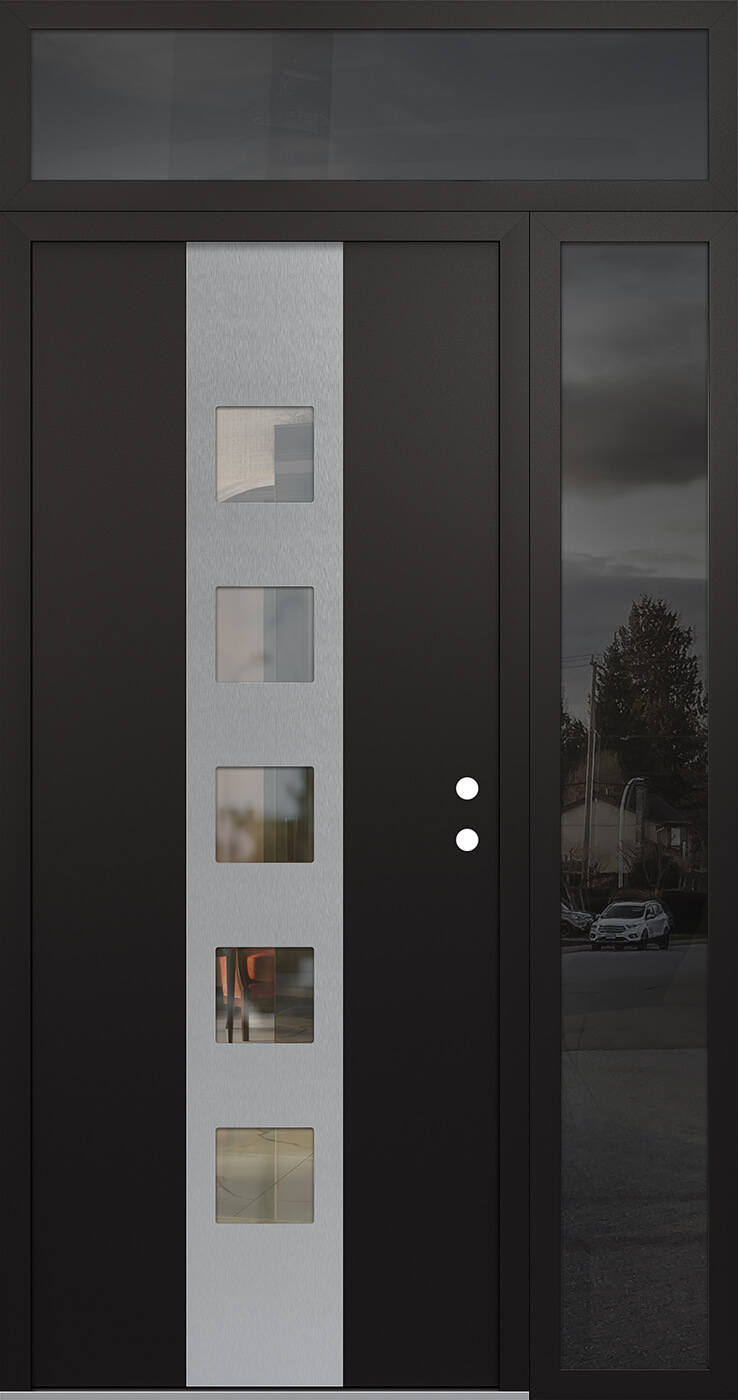 Modern Steel Front Door DIAMOND A13 50" X 96" BLACK/BLACK CLEAR GLASS PANEL STAINLESS STEEL LHI WITH SIDELITE AND TRANSOM FROSTED GLASS