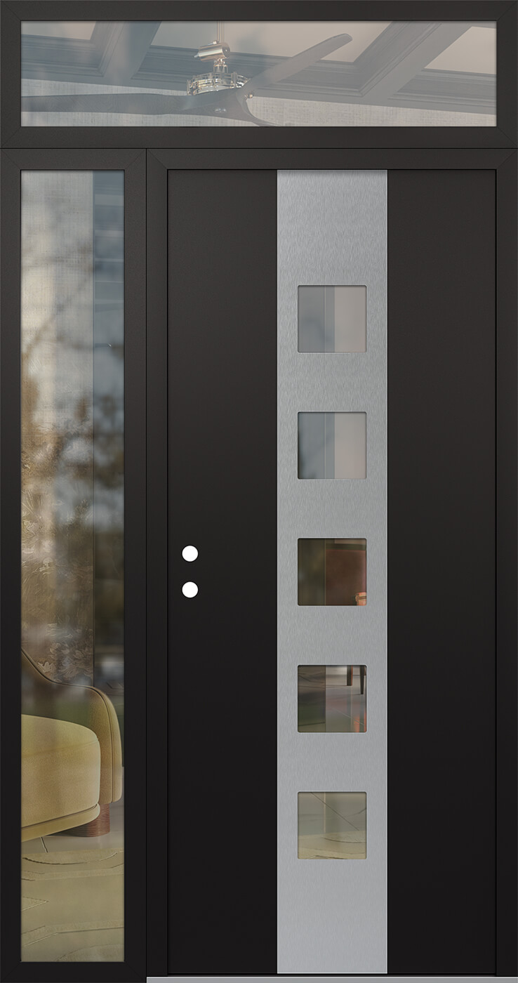 Modern Steel Front Door DIAMOND A13 50" X 96" BLACK/BLACK CLEAR GLASS PANEL STAINLESS STEEL RHI WITH SIDELITE AND TRANSOM MIRRORED GLASS