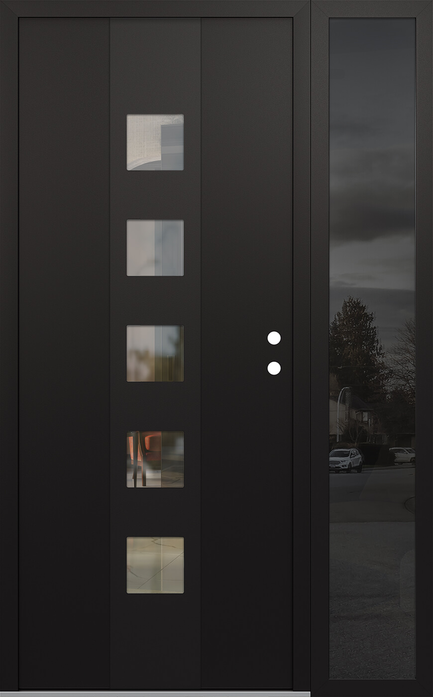 Modern Steel Front Door DIAMOND A13 52" X 80" BLACK/BLACK CLEAR GLASS PANEL BLACK LHI WITH SIDELITE MIRRORED GLASS
