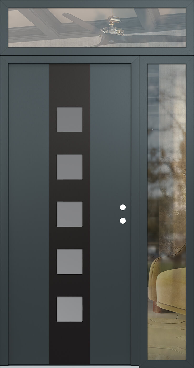 Modern Steel Front Door DIAMOND A13 52" X 96" ANTHRACITE/ANTHRACITE FROSTED GLASS PANEL BLACK LHI WITH SIDELITE AND TRANSOM MIRRORED GLASS