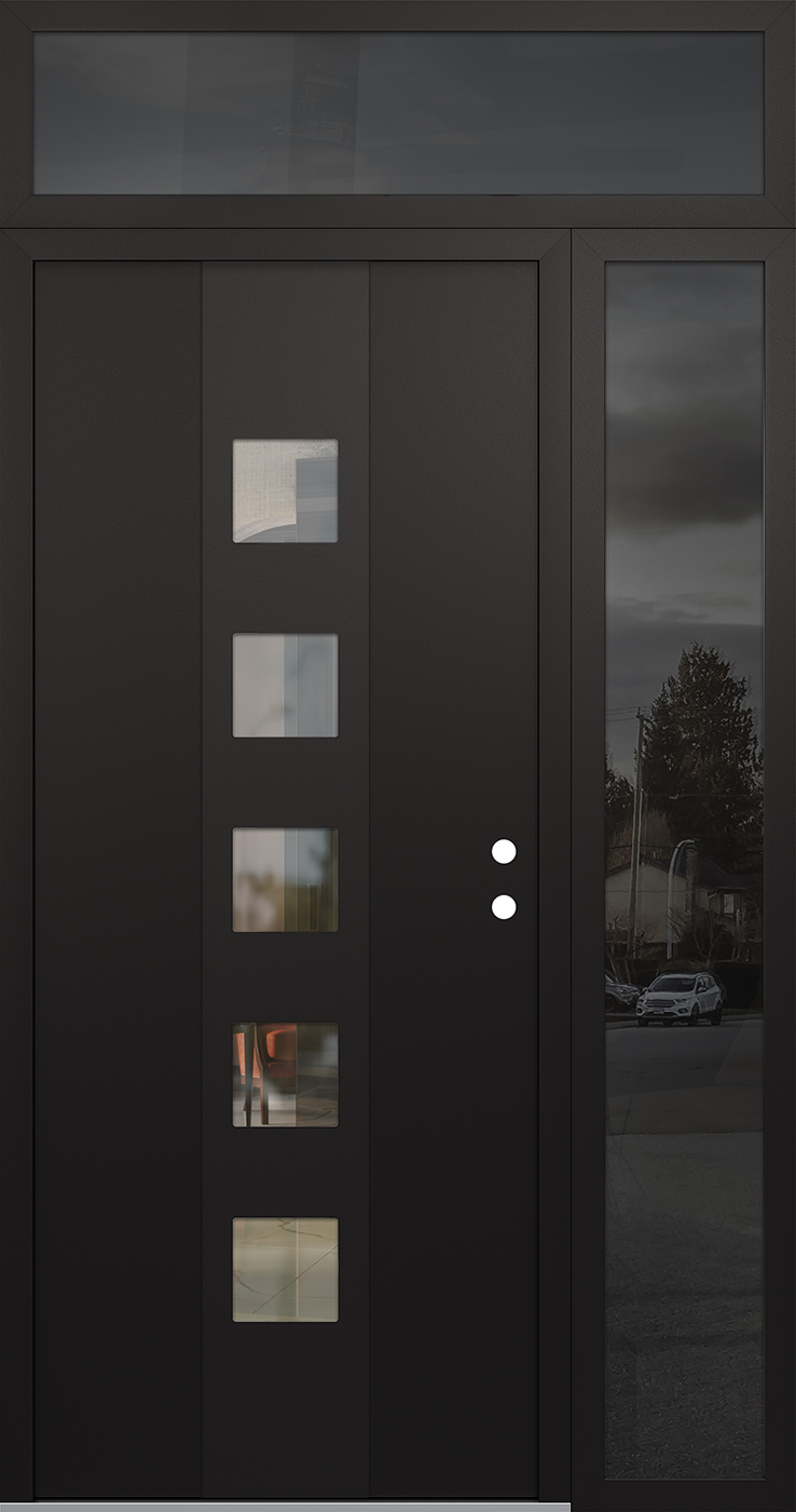 Modern Steel Front Door DIAMOND A13 52" X 96" BLACK/BLACK CLEAR GLASS PANEL BLACK LHI WITH SIDELITE AND TRANSOM CLEAR GLASS