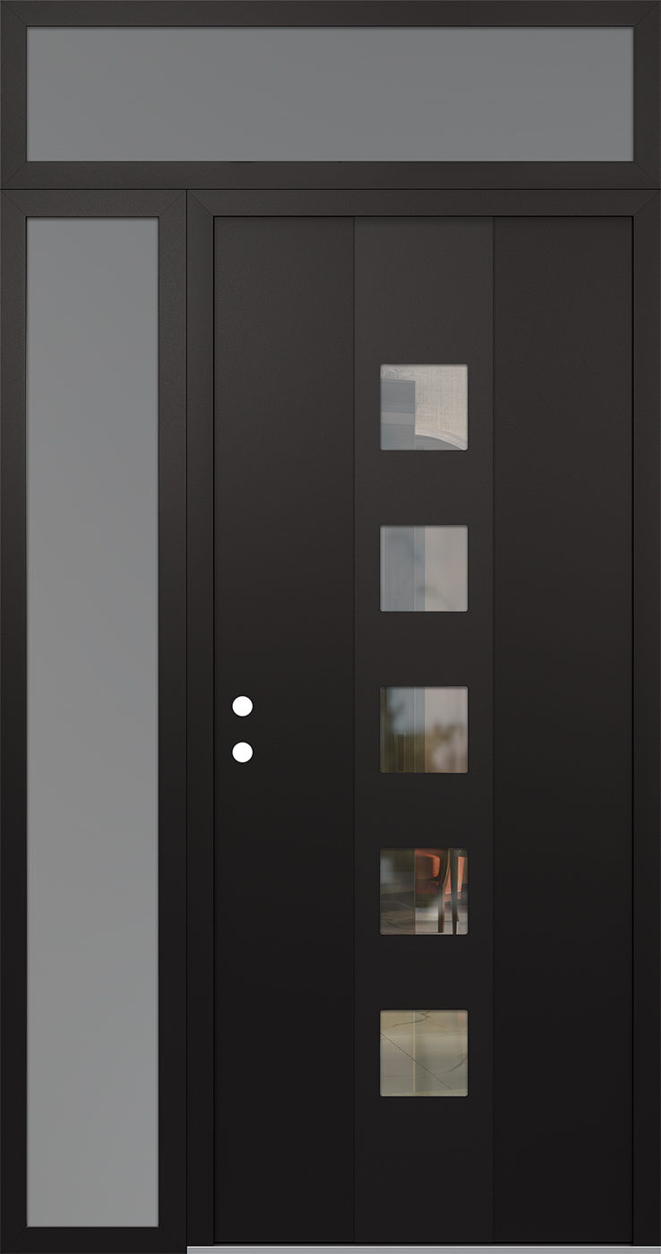 Modern Steel Front Door DIAMOND A13 52" X 96" BLACK/BLACK CLEAR GLASS PANEL BLACK RHI WITH SIDELITE AND TRANSOM CLEAR GLASS