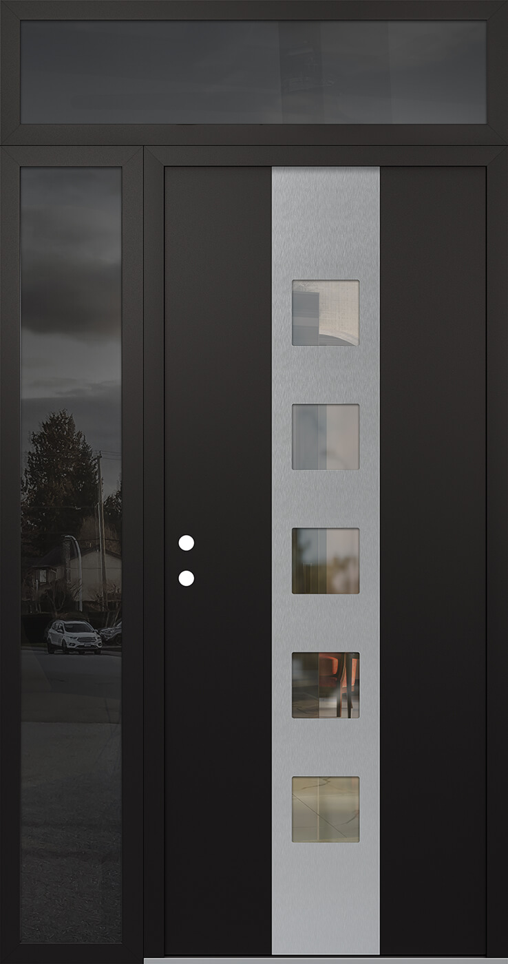 Modern Steel Front Door DIAMOND A13 52" X 96" BLACK/BLACK CLEAR GLASS PANEL STAINLESS STEEL RHI WITH SIDELITE AND TRANSOM CLEAR GLASS