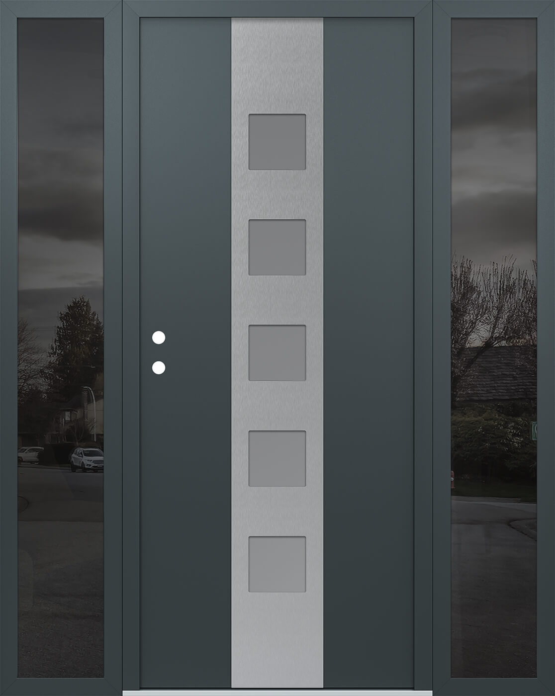 Modern Steel Front Door DIAMOND A13 60" X 80" ANTHRACITE/ANTHRACITE FROSTED GLASS PANEL STAINLESS STEEL RHI WITH 2 SIDELITES MIRRORED GLASS