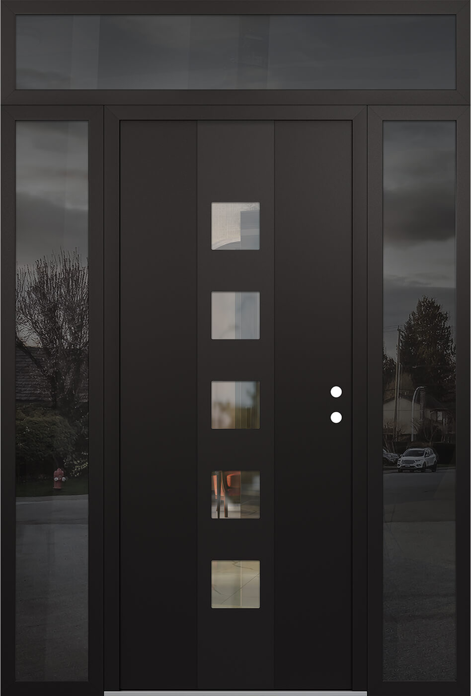Modern Steel Front Door DIAMOND A13 60" X 96" BLACK/BLACK CLEAR GLASS PANEL BLACK LHI WITH 2 SIDELITES AND TRANSOM FROSTED GLASS