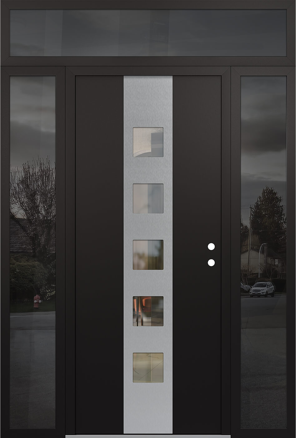 Modern Steel Front Door DIAMOND A13 60" X 96" BLACK/BLACK CLEAR GLASS PANEL STAINLESS STEEL LHI WITH 2 SIDELITES AND TRANSOM CLEAR GLASS