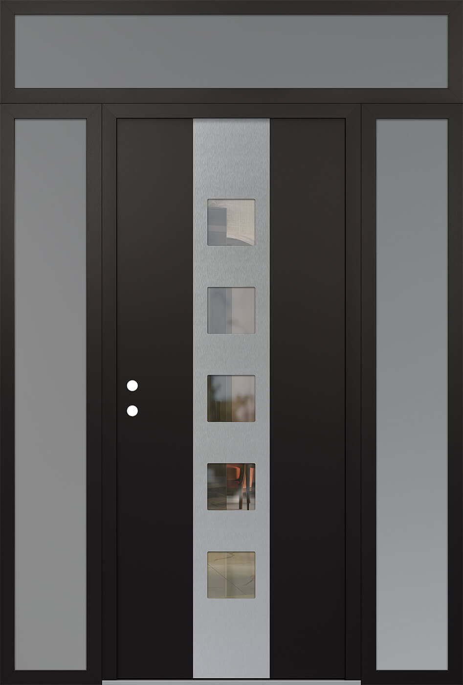 Modern Steel Front Door DIAMOND A13 60" X 96" BLACK/BLACK CLEAR GLASS PANEL STAINLESS STEEL RHI WITH 2 SIDELITES AND TRANSOM MIRRORED GLASS