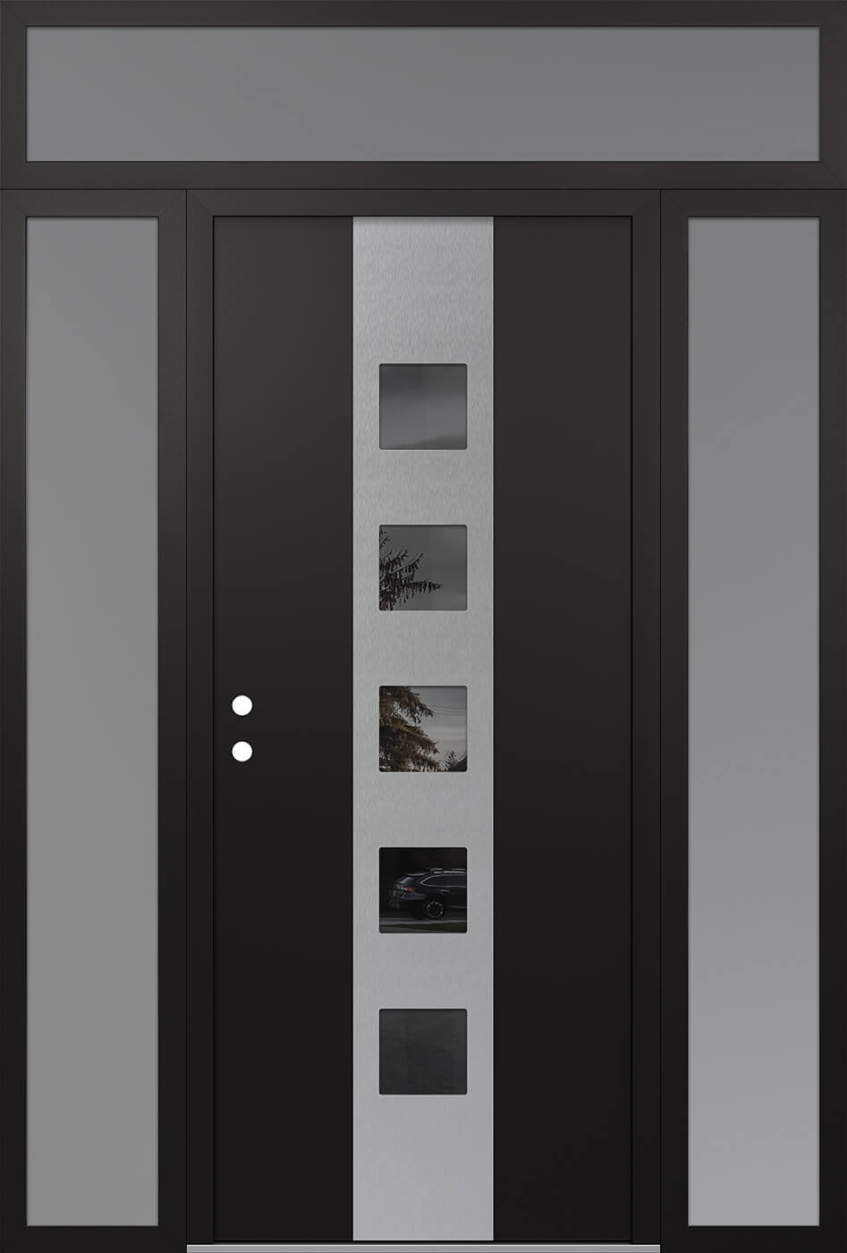 MODERN STEEL FRONT DOOR DIAMOND A13 60" X 96" BLACK/BLACK MIRRORED GLASS PANEL STAINLESS STEEL RHI WITH 2 SIDELITES AND TRANSOM FROSTED GLASS
