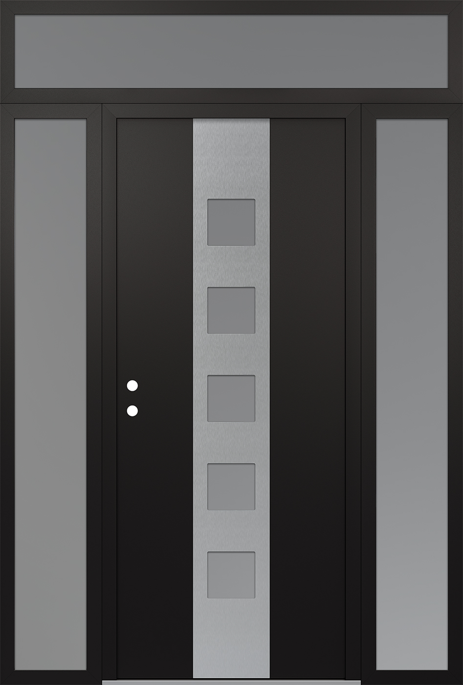 MODERN STEEL FRONT DOOR DIAMOND A13 60" X 96" BLACK/WHITE FROSTED GLASS PANEL STAINLESS STEEL RHI WITH 2 SIDELITES AND TRANSOM MIRRORED GLASS