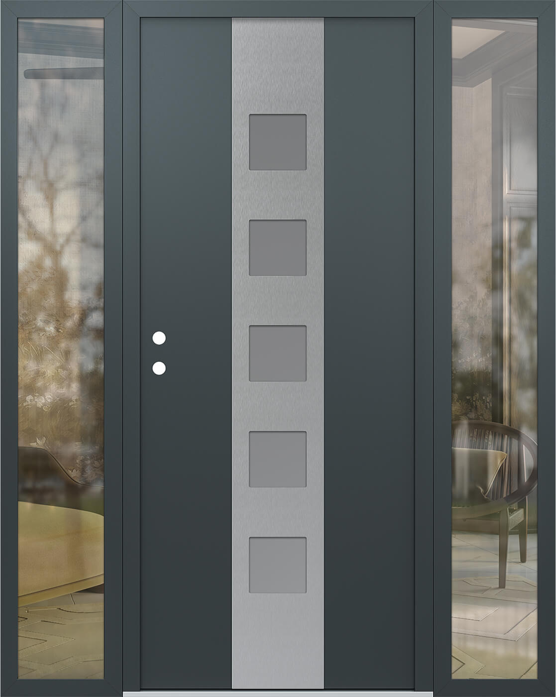 Modern Steel Front Door DIAMOND A13 64" X 80" ANTHRACITE/ANTHRACITE FROSTED GLASS PANEL STAINLESS STEEL LHI WITH 2 SIDELITES MIRRORED GLASS