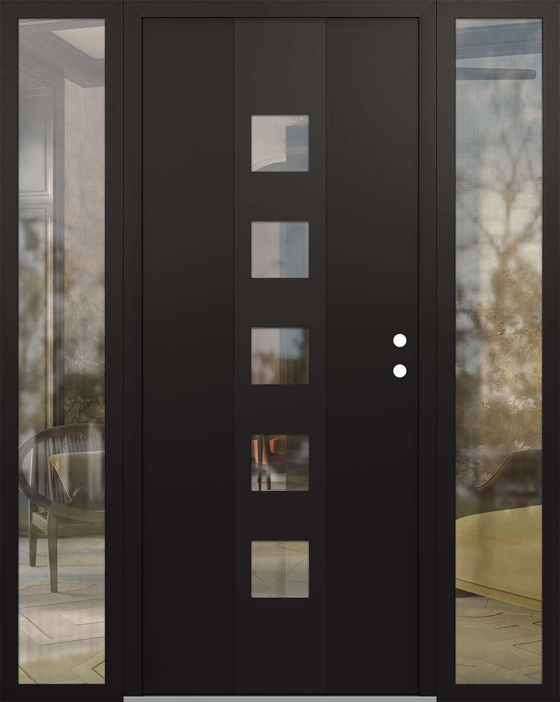 Modern Steel Front Door DIAMOND A13 64" X 80" BLACK/BLACK CLEAR GLASS PANEL BLACK LHI WITH 2 SIDELITES FROSTED GLASS