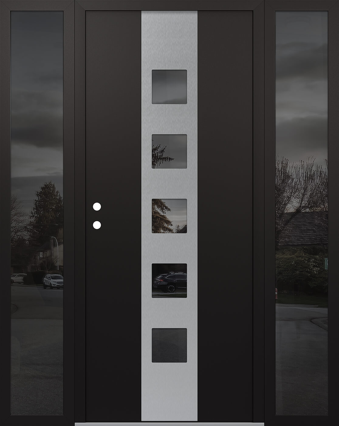 MODERN STEEL FRONT DOOR DIAMOND A13 64" X 80" BLACK/BLACK MIRRORED GLASS PANEL STAINLESS STEEL RHI WITH 2 SIDELITES FROSTED GLASS