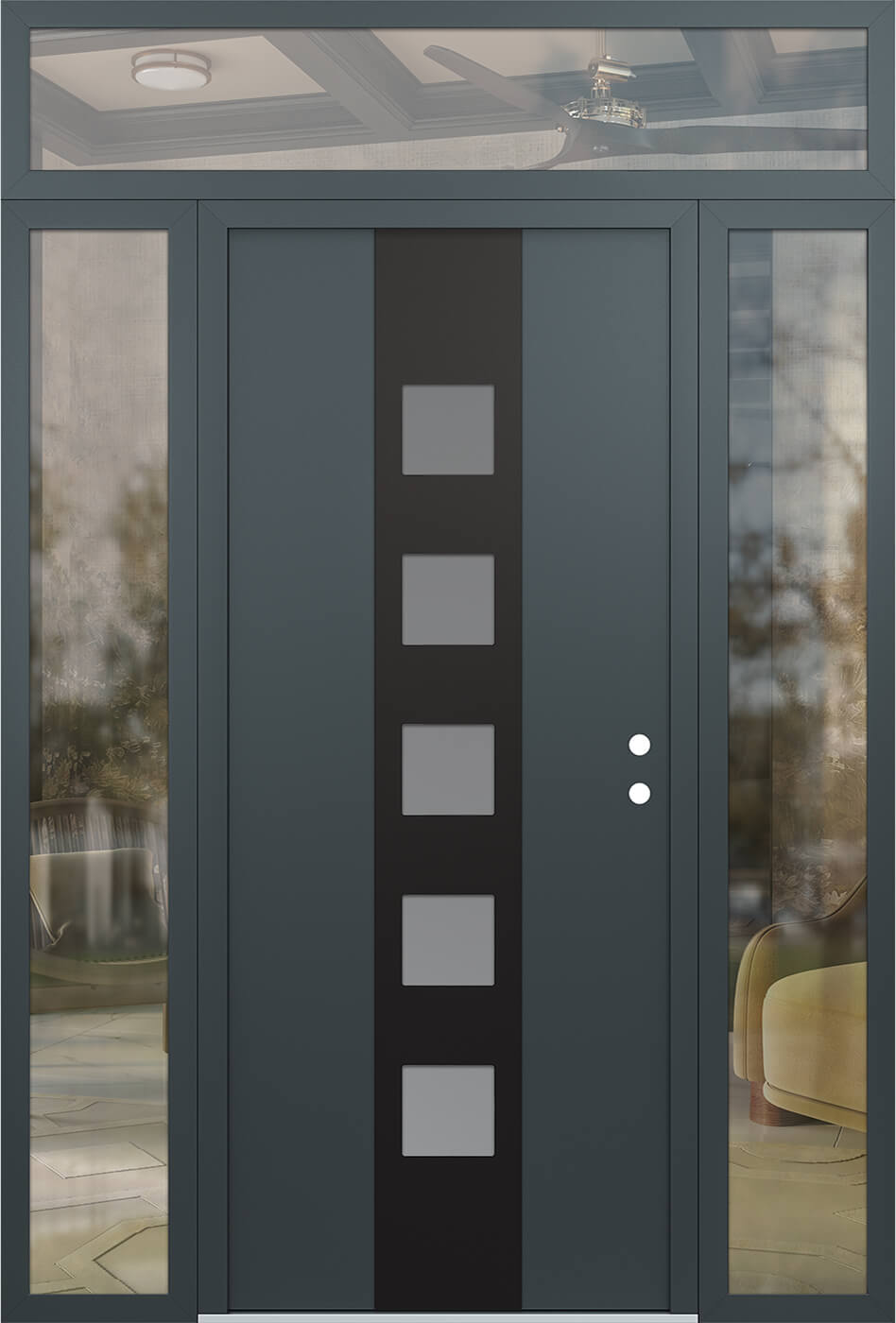 Modern Steel Front Door DIAMOND A13 64" X 96" ANTHRACITE/ANTHRACITE FROSTED GLASS PANEL BLACK LHI WITH 2 SIDELITES AND TRANSOM MIRRORED GLASS