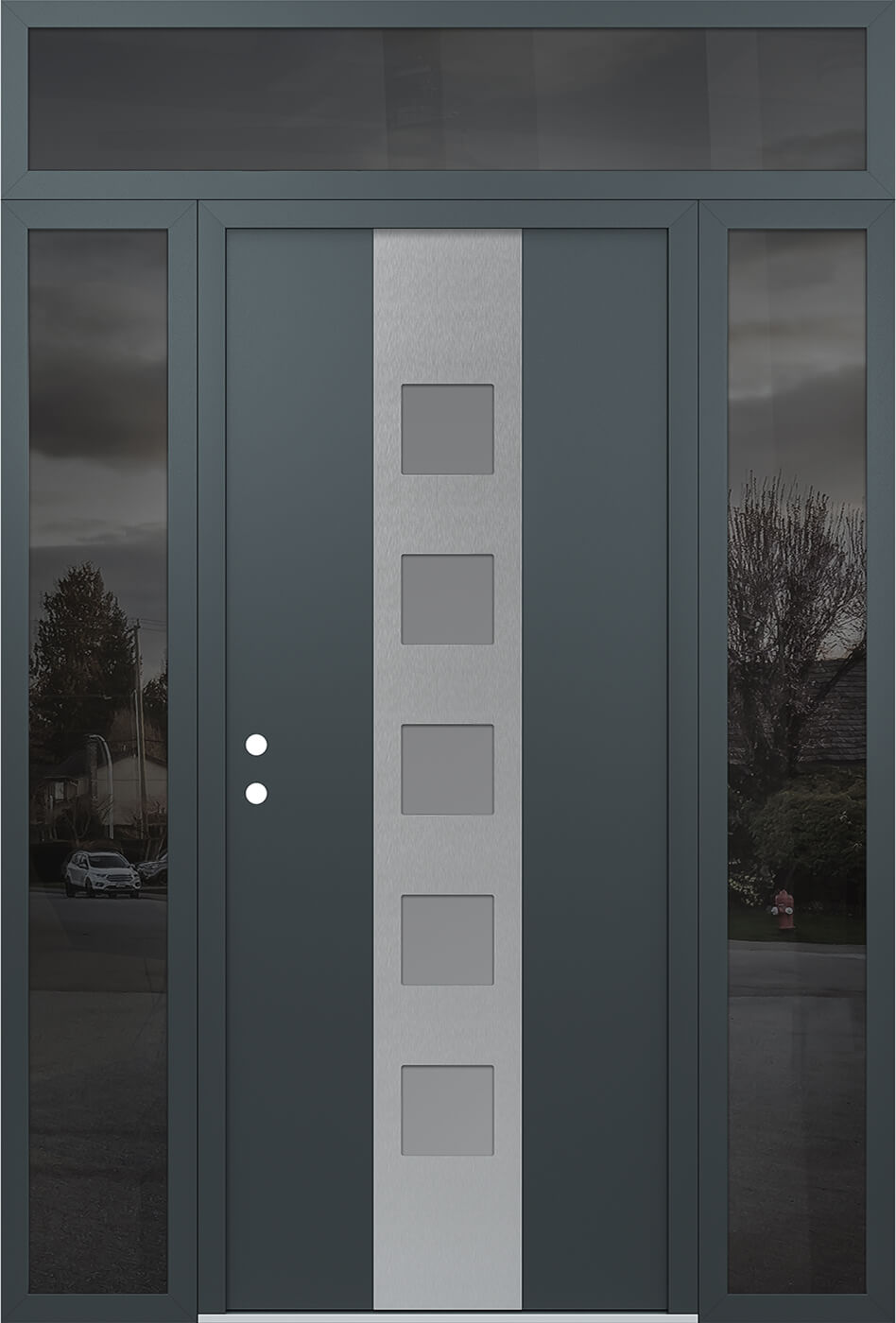 Modern Steel Front Door DIAMOND A13 64" X 96" ANTHRACITE/ANTHRACITE FROSTED GLASS PANEL STAINLESS STEEL LHI WITH 2 SIDELITES AND TRANSOM MIRRORED GLASS