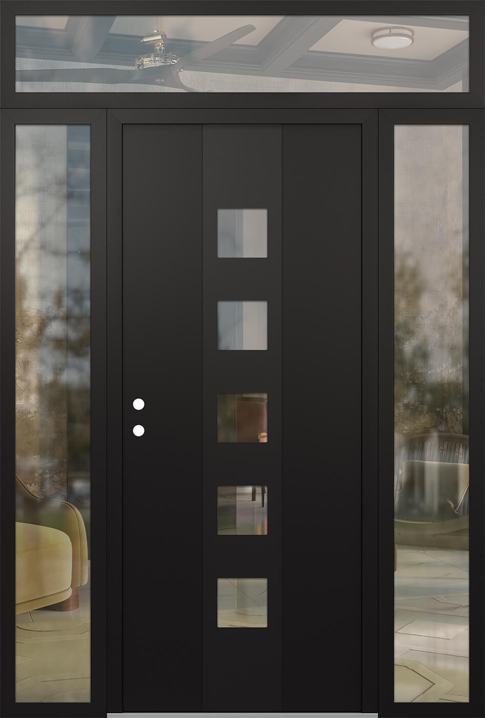 Modern Steel Front Door DIAMOND A13 64" X 96" BLACK/BLACK CLEAR GLASS PANEL BLACK RHI WITH 2 SIDELITES AND TRANSOM MIRRORED GLASS