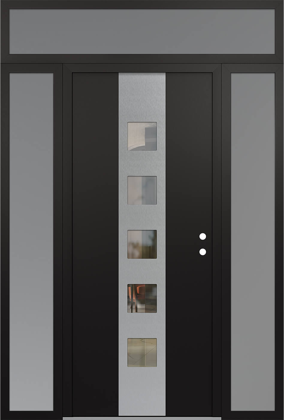 Modern Steel Front Door DIAMOND A13 64" X 96" BLACK/BLACK CLEAR GLASS PANEL STAINLESS STEEL LHI WITH 2 SIDELITES AND TRANSOM CLEAR GLASS