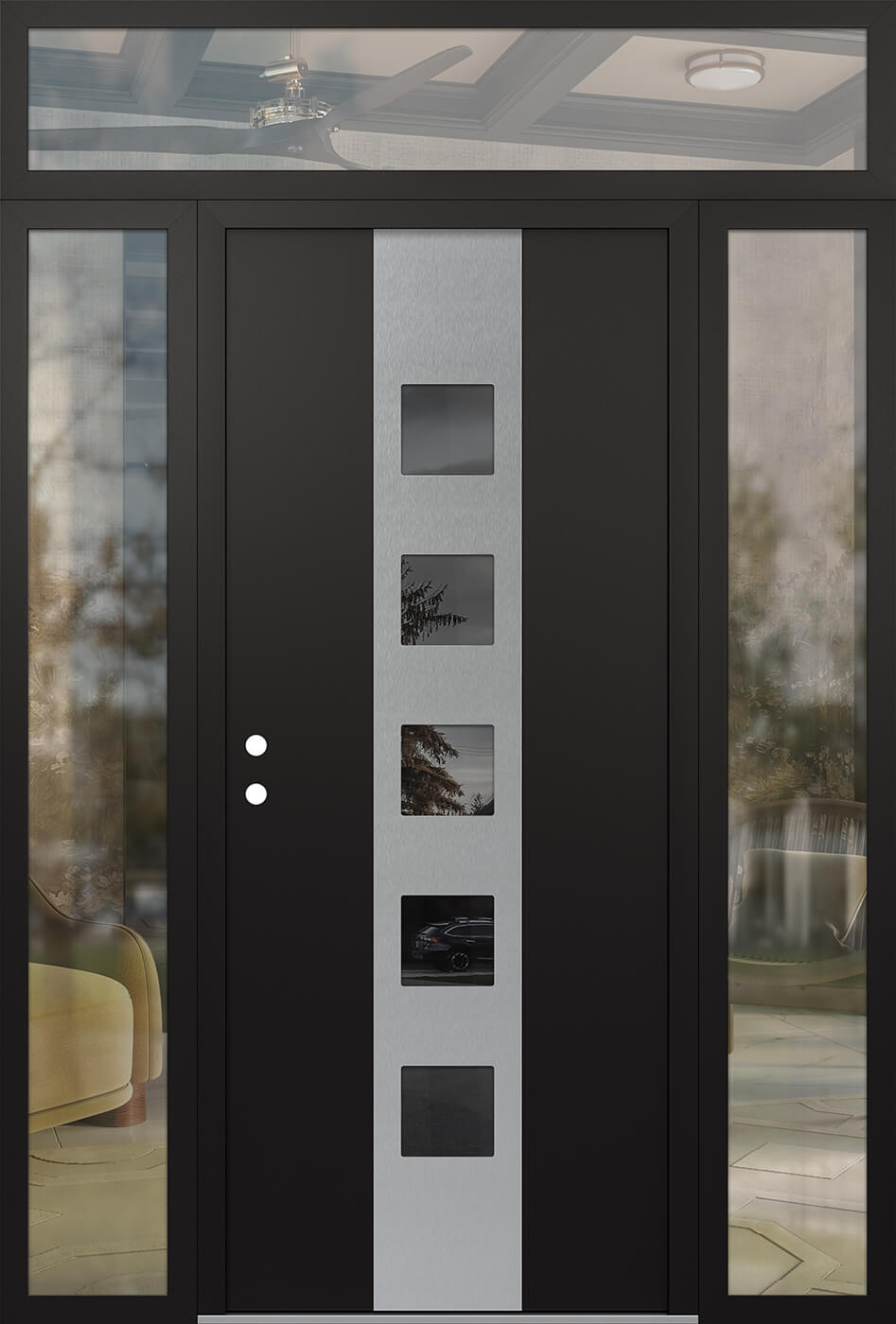 MODERN STEEL FRONT DOOR DIAMOND A13 64" X 96" BLACK/BLACK MIRRORED GLASS PANEL STAINLESS STEEL RHI WITH 2 SIDELITES AND TRANSOM FROSTED GLASS