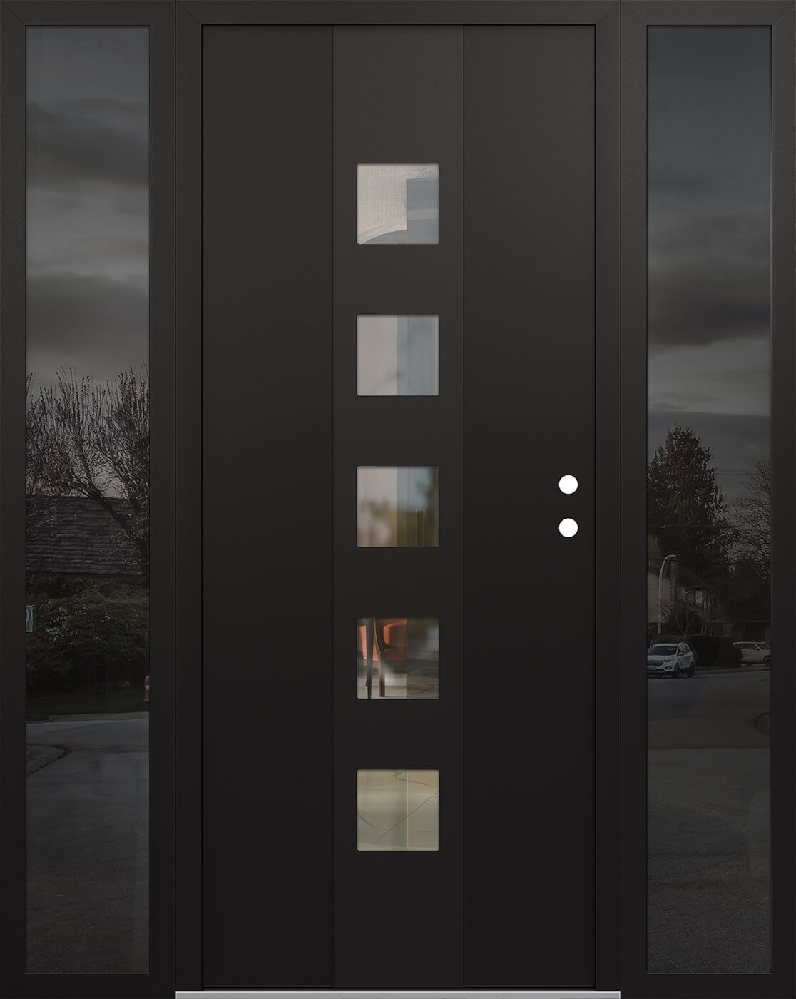Modern Steel Front Door DIAMOND A13 68" X 80" BLACK/BLACK CLEAR GLASS PANEL BLACK LHI WITH 2 SIDELITES CLEAR GLASS