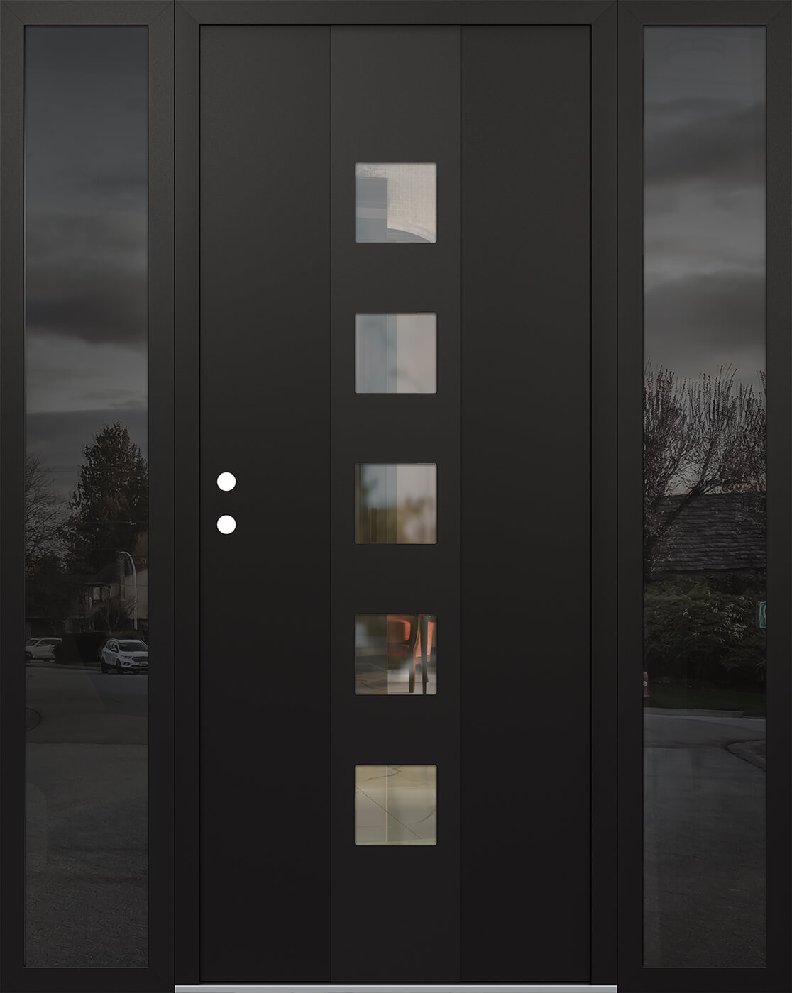 Modern Steel Front Door DIAMOND A13 68" X 80" BLACK/BLACK CLEAR GLASS PANEL BLACK RHI WITH 2 SIDELITES FROSTED GLASS
