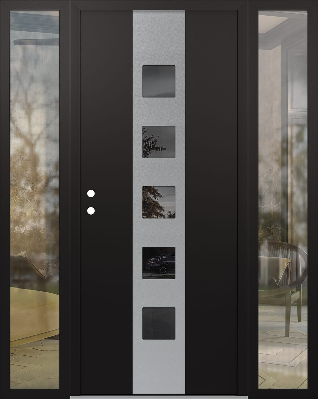 MODERN STEEL FRONT DOOR DIAMOND A13 68" X 80" BLACK/BLACK MIRRORED GLASS PANEL STAINLESS STEEL RHI WITH 2 SIDELITES MIRRORED GLASS