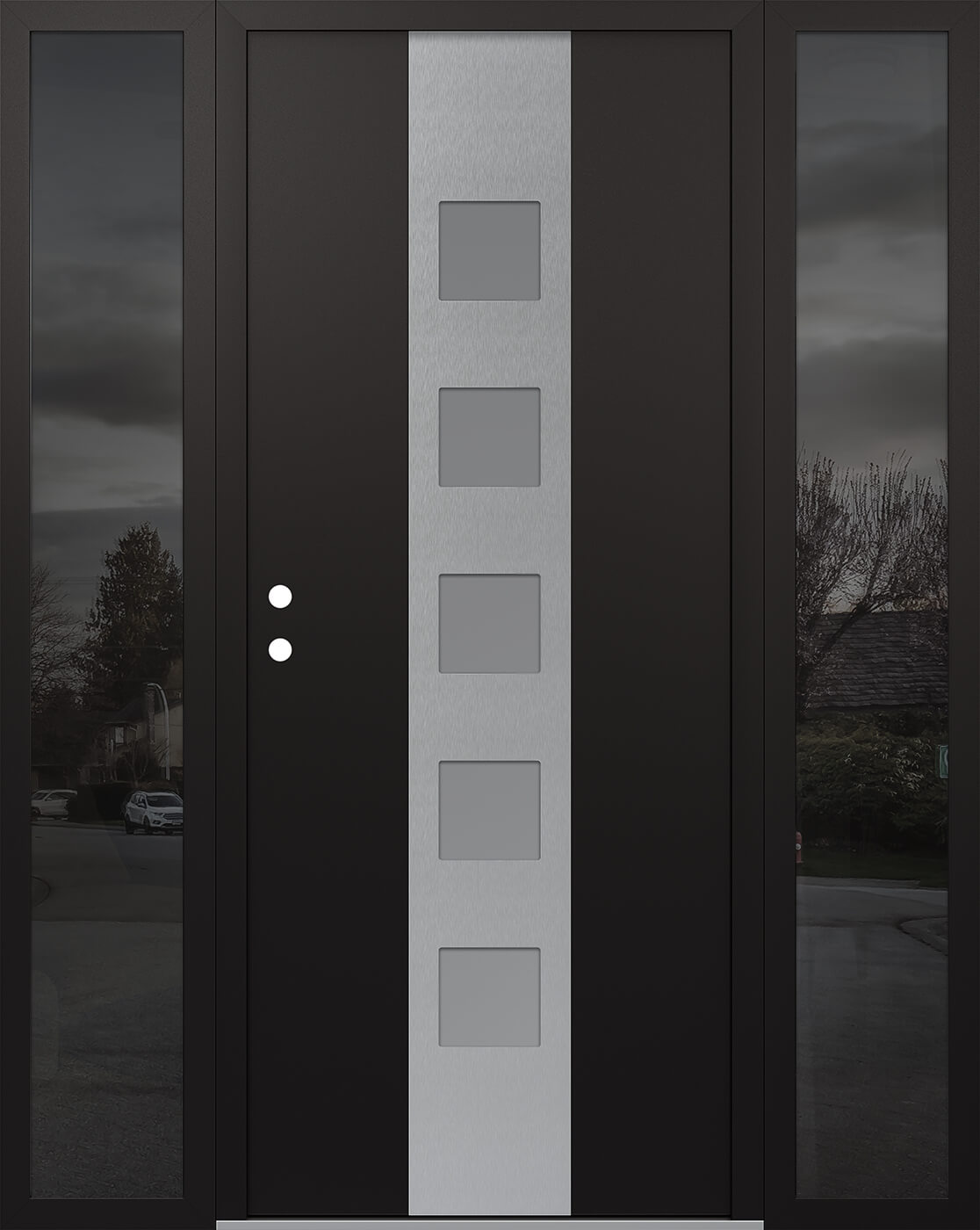 MODERN STEEL FRONT DOOR DIAMOND A13 68" X 80" BLACK/WHITE FROSTED GLASS PANEL STAINLESS STEEL RHI WITH 2 SIDELITES CLEAR GLASS