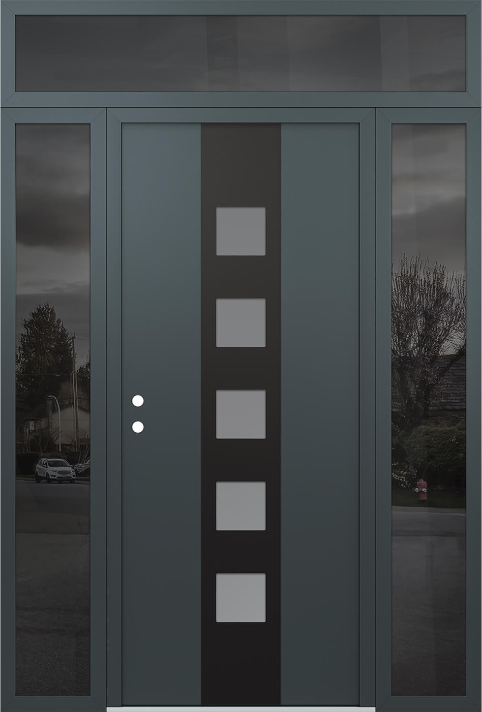 Modern Steel Front Door DIAMOND A13 68" X 96" ANTHRACITE/ANTHRACITE FROSTED GLASS PANEL BLACK RHI WITH 2 SIDELITES AND TRANSOM CLEAR GLASS