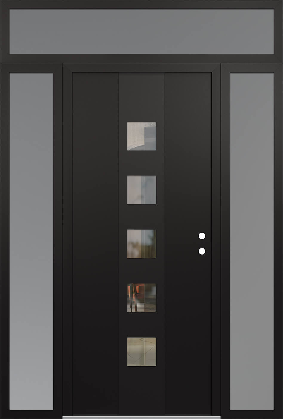 Modern Steel Front Door DIAMOND A13 68" X 96" BLACK/BLACK CLEAR GLASS PANEL BLACK LHI WITH 2 SIDELITES AND TRANSOM MIRRORED GLASS